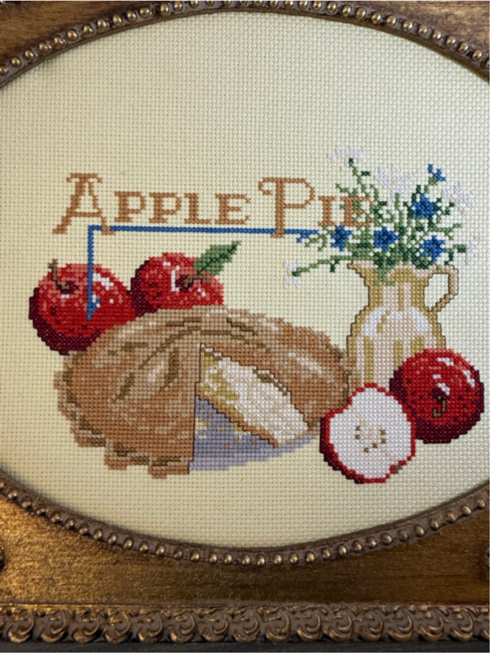 Vintage Cross Stitch Apples Pie Fruit Flowers Counted Embroidery Framed 11x14 - Picture 5 of 7